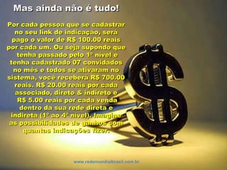 Mas ainda não é tudo! Por cada pessoa que se cadastrar no seu link de indicação, será pago o valor de R$ 100.00 reais por cada um. Ou seja supondo que  tenha passado pelo 1º nível e tenha cadastrado 07 convidados no mês e todos se ativaram no sistema, você receberá R$ 700.00 reais. R$ 20.00 reais por cada associado, direto & indireto e R$ 5.00 reais por cada venda dentro da sua rede direta e indireta (1º ao 4º nível). Imagine as possibilidades de ganhos com quantas indicações fizer. www.redemundialbrasil.com.br 