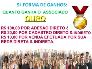 9ª FORMA DE GANHOS: www.redemundialbrasil.com.br QUANTO GANHA O  ASSOCIADO  OURO R$ 100,00 POR ADESÃO DIRETO &  R$ 20,00 POR CADASTRO DIRETO &  INDIRETO R$ 10,00 POR VENDA EFETUADA POR SUA REDE DIRETA & INDIRETA.  