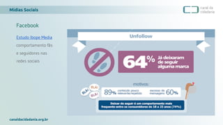 Mídias Sociais
canaldacidadania.org.br
Facebook
Estudo Ibope Media
comportamento fãs
e seguidores nas
redes sociais
 