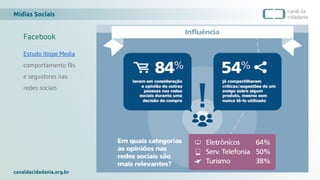 Mídias Sociais
canaldacidadania.org.br
Facebook
Estudo Ibope Media
comportamento fãs
e seguidores nas
redes sociais
 