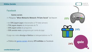 Mídias Sociais
canaldacidadania.org.br
Facebook
Games sociais
>> Pesquisa “When Networks Network: TV Gets Social” da Viacom
+ de 30% jogam jogos relacionados à TV toda semana
+ 75% jogam depois da temporada da TV
+ 30% jogam antes do programa
+ 50% assiste mais o programa por conta do jogo
O jogo nas redes divulga e fideliza os telespectadores na TV
>> Público de games sociais alcança 375 milhões no Facebook
24%
25%
24%
 