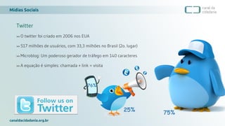 Mídias Sociais
canaldacidadania.org.br
Twitter
>> O twitter foi criado em 2006 nos EUA
>> 517 milhões de usuários, com 33,3 milhões no Brasil (2o. lugar)
>> Microblog: Um poderoso gerador de tráfego em 140 caracteres
>> A equação é simples: chamada + link = visita
75%
25%
76%
 