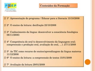 Conteúdos da Formação 1ª  Apresentação do programa / Educar para a literacia 13/10/2008 2ª  O ensino da leitura: decifração 23/10/2008 3ª  Conhecimento da língua: desenvolver a consciência fonológica 06/11/2008) 4ª  Competência do oral (o desenvolvimento da linguagem oral; compreensão e produção oral, avaliação do oral, …). 27/11/2008 5ª  As TIC como recurso de ensino/aprendizagem da língua materna  11/12/2008 6ª  O ensino da leitura: a compreensão de textos 15/01/2009 7ª  Avaliação da leitura 29/01/2009 