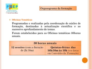 Oficinas Temáticas Programadas e realizadas pela coordenação do núcleo de formação, destinadas à actualização científica e ao sucessivo aprofundamento de temas. Foram estabelecidas para as Oficinas temáticas 30horas anuais.  Organograma da formação 
