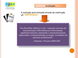 A avaliação será realizada através da construção um  PORTEFÓLIO. Avaliação Um Portefólio reflexivo é um “ conjunto coerente de documentação reflectidamente seleccionada, significativamente comentada e sistematicamente organizada e contextualizada no tempo, reveladora do percurso profissional”.   (Alarcão e Tavares 2003:105) 