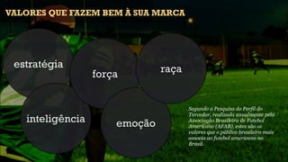 VALORES QUE FAZEM BEM À SUA MARCA




 estratégia                    raça
                  força


                                      Segundo a Pesquisa do Perfil do
                                      Torcedor, realizada anualmente pela
   inteligência       emoção          Associação Brasileira de Futebol
                                      Americano (AFAB), estes são os
                                      valores que o público brasileiro mais
                                      associa ao futebol americano no
                                      Brasil.
 