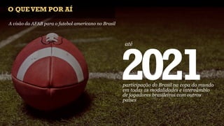 O QUE VEM POR AÍ

A visão da AFAB para o futebol americano no Brasil




                                                     2021
                                                     até




                                                     participação do Brasil na copa do mundo
                                                     em todas as modalidades e intercâmbio
                                                     de jogadores brasileiros com outros
                                                     países
 