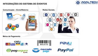 www.adaltech.com.br
(11) 4384-8724 | 2383-1079
INTEGRAÇÕES DO SISTEMA DE EVENTOS
Meios de Pagamento
Comunicação – Envio/Retorno Redes Sociais
 