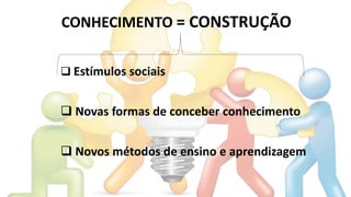 CONHECIMENTO = CONSTRUÇÃO
 Estímulos sociais
 Novas formas de conceber conhecimento
 Novos métodos de ensino e aprendizagem
 