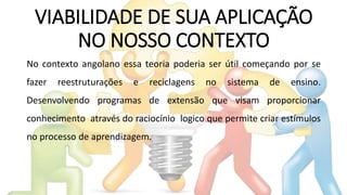 VIABILIDADE DE SUA APLICAÇÃO
NO NOSSO CONTEXTO
No contexto angolano essa teoria poderia ser útil começando por se
fazer reestruturações e reciclagens no sistema de ensino.
Desenvolvendo programas de extensão que visam proporcionar
conhecimento através do raciocínio logico que permite criar estímulos
no processo de aprendizagem.
 