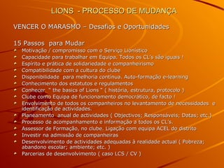 LIONS - PROCESSO DE MUDANÇALIONS - PROCESSO DE MUDANÇA
VENCER O MARASMO – Desafios e OportunidadesVENCER O MARASMO – Desafios e Oportunidades
15 Passos para Mudar15 Passos para Mudar
Motivação / compromisso com o Serviço LionísticoMotivação / compromisso com o Serviço Lionístico
Capacidade para trabalhar em Equipa. Todos os CL’s são iguais !Capacidade para trabalhar em Equipa. Todos os CL’s são iguais !
Espírito e prática de solidariedade e companheirismoEspírito e prática de solidariedade e companheirismo
Compatibilidade com a cultura do clubeCompatibilidade com a cultura do clube
Disponibilidade para melhoria contínua. Auto-formação e-learningDisponibilidade para melhoria contínua. Auto-formação e-learning
Conhecimento dos estatutos e regulamentosConhecimento dos estatutos e regulamentos
Conhecer “ the basics of Lions “ ( história, estrutura, protocolo )Conhecer “ the basics of Lions “ ( história, estrutura, protocolo )
Clube como Equipa de funcionamento democrático, de facto !Clube como Equipa de funcionamento democrático, de facto !
Envolvimento de todos os companheiros no levantamento de necessidades eEnvolvimento de todos os companheiros no levantamento de necessidades e
identificação de actividades.identificação de actividades.
Planeamento anual de actividades ( Objectivos; Responsáveis; Datas; etc.)Planeamento anual de actividades ( Objectivos; Responsáveis; Datas; etc.)
Processo de acompanhamento e informação a todos os CL’s.Processo de acompanhamento e informação a todos os CL’s.
Assessor de Formação, no clube. Ligação com equipa ACEL do distritoAssessor de Formação, no clube. Ligação com equipa ACEL do distrito
Investir na admissão de companheirasInvestir na admissão de companheiras
Desenvolvimento de actividades adequadas à realidade actual ( Pobreza;Desenvolvimento de actividades adequadas à realidade actual ( Pobreza;
abandono escolar; ambiente; etc. )abandono escolar; ambiente; etc. )
Parcerias de desenvolvimento ( caso LCS / CV )Parcerias de desenvolvimento ( caso LCS / CV )
 