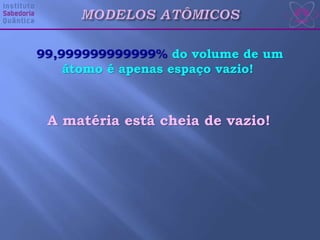 99,999999999999% do volume de um
átomo é apenas espaço vazio!
A matéria está cheia de vazio!
 
