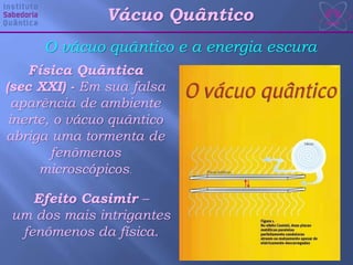 Vácuo Quântico
Efeito Casimir –
um dos mais intrigantes
fenômenos da física.
Física Quântica
(sec XXI) - Em sua falsa
aparência de ambiente
inerte, o vácuo quântico
abriga uma tormenta de
fenômenos
microscópicos.
O vácuo quântico e a energia escura
 