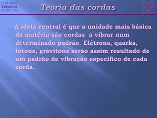 A ideia central é que a unidade mais básica
da matéria são cordas a vibrar num
determinado padrão. Elétrons, quarks,
fótons, grávitons serão assim resultado de
um padrão de vibração específico de cada
corda.
 