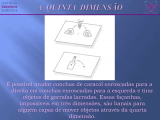 É possível mudar conchas de caracol enroscadas para a
direita em conchas enroscadas para a esquerda e tirar
objetos de garrafas lacradas. Essas façanhas,
impossíveis em três dimensões, são banais para
alguém capaz de mover objetos através da quarta
dimensão.
 