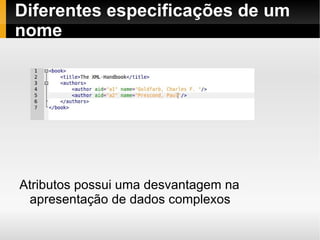 Diferentes especificações de um nome Atributos possui uma desvantagem na apresentação de dados complexos 