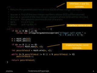 {
if (m == 0 && n == 0)
throw new IllegalArgumentException("Illegal call with " +
"m = 0 and n = 0.");
m = Math.abs(m);
n = Math.abs(n);
if (m == 0 || n == 0)
return Math.max(m, n);
int possibleGcd = Math.min(m, n);
while (m % possibleGcd != 0 || n % possibleGcd != 0)
possibleGcd--;
return possibleGcd;
}
/**
* Returns the greatest common divisor (GCD) of two integer numbers.
*
* @param m first of the two integer numbers whose GCD will be returned.
* @param n second of the two integer numbers whose GCD will be returned.
* @return the greatest common divisor of m and n.
* @pre m ≠ 0 ∨ n ≠ 0
* @post gcd = gcd(m, n)
*/
public static int gcd(int m, int n)
2013/2014 Fundamentos de Programação 9
{
if (m == 0 && n == 0)
throw new IllegalArgumentException("Illegal call with " +
"m = 0 and n = 0.");
m = Math.abs(m);
n = Math.abs(n);
if (m == 0 || n == 0)
return Math.max(m, n);
int possibleGcd = Math.min(m, n);
while (m % possibleGcd != 0 || n % possibleGcd != 0)
possibleGcd--;
return possibleGcd;
}
Interface: como se usa.
Interface: o que faz,
contrato.
Implementação: como
funciona.
 