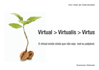 @T07 | #FAAP_SM | TEORIA DAS REDES




Virtual > Virtualis > Virtus
O virtual existe ainda que não seja real ou palpável.




                                      @marinarossi | @betorando
 