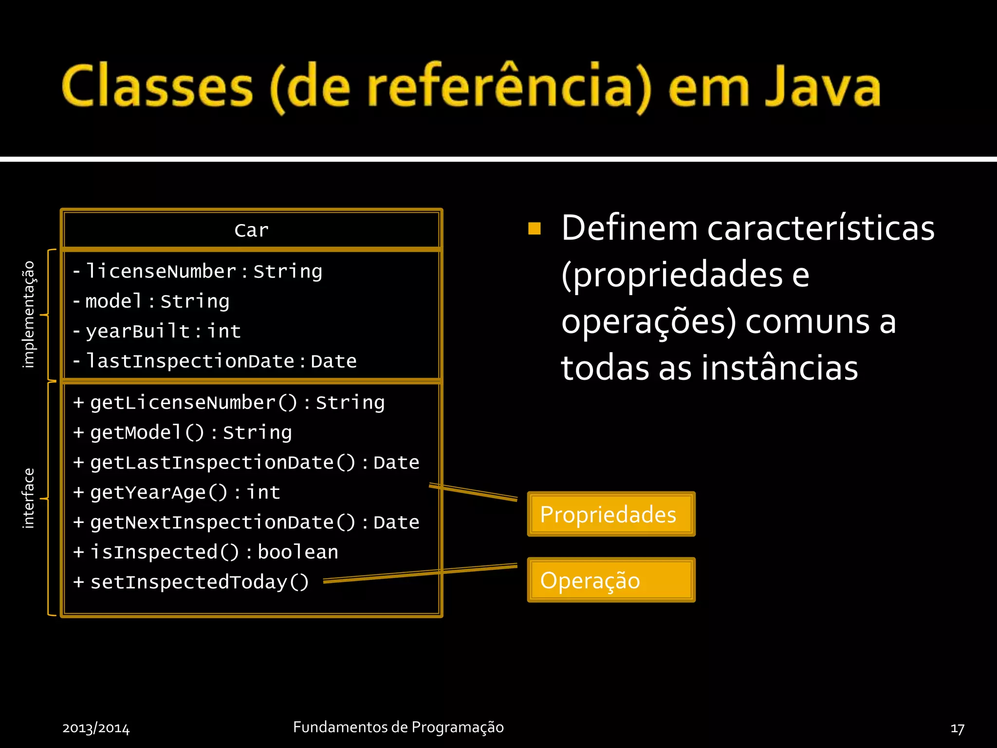  Definem características
(propriedades e
operações) comuns a
todas as instâncias
2013/2014 Fundamentos de Programação 17
Car
- licenseNumber : String
- model : String
- yearBuilt : int
- lastInspectionDate : LocalDate
+ getLicenseNumber() : String
+ getModel() : String
+ getLastInspectionDate() : LocalDate
+ getYearAge() : int
+ getNextInspectionDate() : LocalDate
+ isInspected() : boolean
+ setInspectedToday()
Propriedades
Operação
implementaçãointerface
 