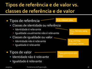  Tipos de referência
 Classes de identidade ou referência
▪ Identidade é relevante
▪ Igualdade usualmente não é relevante
 Classes de igualdade ou valor
▪ Identidade não é relevante
▪ Igualdade é relevante
 Tipos de valor
 Identidade não é relevante
 Igualdade é relevante
2013/2014 Fundamentos de Programação 16
E.g., classes Java.
Tipos primitivos em
Java.
E.g., String,
Rational, Point
E.g., Person, Gang,
Car
 
