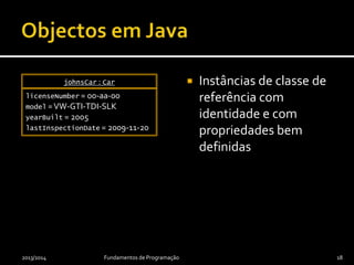  Instâncias de classe de
referência com
identidade e com
propriedades bem
definidas
2013/2014 Fundamentos de Programação 18
johnsCar : Car
licenseNumber = 00-AA-00
model =VW-GTI-TDI-SLK
yearBuilt = 2005
lastInspectionDate = 2014-11-20
 