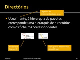  Usualmente, à hierarquia de pacotes
corresponde uma hierarquia de directórios
com os ficheiros correspondentes
2013/2014 Fundamentos de Programação 40
Depende da
implementação do Java.
No Eclipse
(directórios/pastas)
No Eclipse
(pacotes)
 