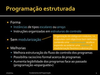  Forma
 Instâncias de tipos escalares ou arrays
 Instruções organizadas em estruturas de controlo
 Sem modularização
 Melhorias
 Melhora estruturação do fluxo de controlo dos programas
 Possibilita raciocínio formal acerca de programas
 Aumenta legibilidade dos programas face ao passado
(programação «esparguete»)
2013/2014 Fundamentos de Programação 5
Organização do código em módulos, i.e.,
«cápsulas» com objectivos bem definidos
contendo uma implementação oculta e
expondo ao exterior uma interface. A
modularização favorece a abstracção.
 