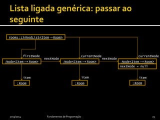 2013/2014 Fundamentos de Programação 25
rooms : LinkedList<Item → Room>
: Node<Item → Room>
firstNode currentNode
nextNode
item item
: Room
: Node<Item → Room>
: Room
nextNode = null
: Node<Item → Room>
nextNode
item
currentNode
: Room
 