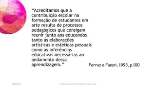 “Acreditamos que a
contribuição escolar na
formação de estudantes em
arte resulta de processos
pedagógicos que consigam
reunir junto aos educandos
tanto as elaborações
artísticas e estéticas pessoais
como as inferências
educativas necessárias ao
andamento dessa
aprendizagem.” Ferraz e Fusari, 1993, p.100
13/04/2017 Produzido por Profª Elizabeth Rossi De Grande
 