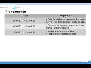 Energia Open Source




     Planeamento
                      Datas                          Objectivos
                                        ●Criação de testes de consistência de
              22/08/2011 – 02/09/2011
                                        servidor da funcionalidade adicionada.
                                        ●Semana de backup para atrasos ou
              05/09/2011 – 09/09/2011
                                        novas funcionalidades.
                                        ●  Melhorar últimos detalhes
              12/09/2011 – 16/09/2011    ● Preparar apresentação final
                                        Frontend e Webservices para Comunidade Ba




                                                                                 4
 