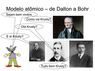 Modelo atômico – de Dalton a Bohr
Sejam bem vindos.
Como vai Krusty?

Olá Krusty?
E aí Krusty?

Tudo bem Krusty?

 