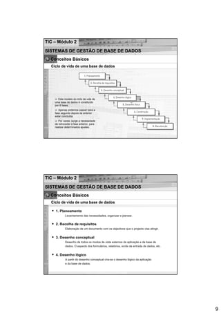 TIC – Módulo 2

SISTEMAS DE GESTÃO DE BASE DE DADOS
  Conceitos Básicos
  Ciclo de vida de uma base de dados




       Este modelo do ciclo de vida de
    uma base de dados é constituído
    por 8 fases;
       Apenas podemos passar para a
    fase seguinte depois da anterior
    estar concluída;
       Por vezes, surge a necessidade
    de retroceder à fase anterior, para
    realizar determinados ajustes.




TIC – Módulo 2

SISTEMAS DE GESTÃO DE BASE DE DADOS
  Conceitos Básicos
  Ciclo de vida de uma base de dados

    1. Planeamento
            Levantamento das necessidades, organizar e planear.


    2. Recolha de requisitos
            Elaboração de um documento com os objectivos que o projecto visa atingir.


    3. Desenho conceptual
            Desenho de todos os modos de vista externos da aplicação e da base de
            dados. O aspecto dos formulários, relatórios, ecrãs de entrada de dados, etc.


    4. Desenho lógico
            A partir do desenho conceptual cria-se o desenho lógico da aplicação
            e da base de dados.




                                                                                            9
 
