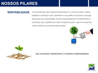 5
NOSSOS PILARES
RENTABILIDADE A conquista dos seus objetivos financeiros é o nosso sucesso. Nosso
trabalho é conhecer você, identificar o seu perfil e encontrar a solução
ideal para sua necessidade. Somos especialistas em investimentos e
contamos com a plataforma mais completa do país, seja em renda fixa,
renda variável ou produtos estruturados.
PROTEÇÃO
Rentabilidade
SEU SUCESSO FINANCEIRO É O NOSSO COMPROMISSO!
 