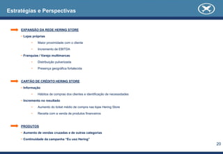 20
Estratégias e Perspectivas
EXPANSÃO DA REDE HERING STORE
• Lojas próprias
• Maior proximidade com o cliente
• Incremento de EBITDA
• Franquias / Varejo multimarcas
• Distribuição pulverizada
• Presença geográfica fortalecida
CARTÃO DE CRÉDITO HERING STORE
• Informação
• Hábitos de compras dos clientes e identificação de necessidades
• Incremento no resultado
• Aumento do ticket médio de compra nas lojas Hering Store
• Receita com a venda de produtos financeiros
PRODUTOS
• Aumento de vendas cruzadas e de outras categorias
• Continuidade da campanha “Eu uso Hering”
 