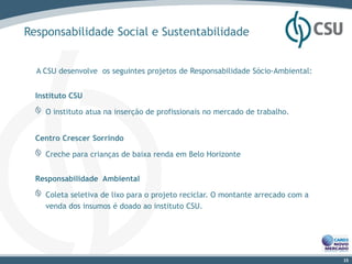 Responsabilidade Social e Sustentabilidade


  A CSU desenvolve os seguintes projetos de Responsabilidade Sócio-Ambiental:


  Instituto CSU

    O instituto atua na inserção de profissionais no mercado de trabalho.


  Centro Crescer Sorrindo

    Creche para crianças de baixa renda em Belo Horizonte


  Responsabilidade Ambiental

    Coleta seletiva de lixo para o projeto reciclar. O montante arrecado com a
    venda dos insumos é doado ao instituto CSU.




                                                                                 15
 