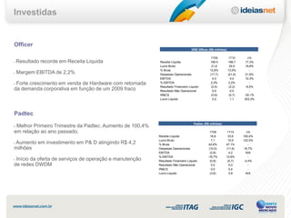 Investidas


Officer
                                                                                 DRE Officer (R$ milhões)

                                                                                               1T09          1T10      ∆%
•   Resultado recorde em Receita Liquida                  Receita Líquida                     169,4         198,7     17,3%
                                                          Lucro Bruto                          21,6          25,9     19,8%
                                                          % Bruta                             12,8%         13,0%        -
•   Margem EBITDA de 2,2%                                 Despesas Operacionais               (17,7)        (21,5)    21,9%
                                                          EBITDA                                4,0           4,4     10,3%
•Forte crescimento em venda de Hardware com retomada      % EBITDA                            2,3%          2,2%         -
                                                          Resultado Financeiro Líquido         (2,4)         (2,2)    -8,5%
da demanda corporativa em função de um 2009 fraco         Resultado Não Operacional             0,0           0,0        -
                                                          IR&CS                                (0,9)         (0,7)   -30,1%
                                                          Lucro Líquido                         0,2           1,1    353,3%




Padtec
                                                                                   Padtec (R$ milhões)
•Melhor Primeiro Trimestre da Padtec. Aumento de 100,4%
em relação ao ano passado.                                                                    1T09        1T10         ∆%
                                                          Receita Líquida                     16,8        33,6       100,4%
                                                          Lucro Bruto                          7,1        15,9       122,0%
Aumento em investimento em P& D atingindo R$ 4,2
•
                                                          % Bruta                            42,6%       47,1%           -
milhões                                                   Despesas Operacionais              (10,0)      (11,6)       16,7%
                                                          EBITDA                              (2,8)        4,2         N/A
                                                          % EBITDA                          -16,7%       12,6%           -
•Início da oferta de serviços de operação e manutenção    Resultado Financeiro Líquido        (0,8)       (0,7)       -4,4%
de redes DWDM                                             Resultado Não Operacional            0,0         0,0           -
                                                          IR&CS                                0,0         0,4           -
                                                          Lucro Líquido                       (3,6)        3,8         N/A
 