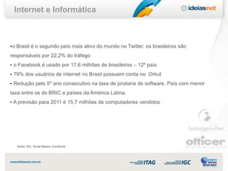 Internet e Informática



• o Brasil é o segundo país mais ativo do mundo no Twitter, os brasileiros são
responsáveis por 22,2% do tráfego
• o Facebook é usado por 17,6 milhões de brasileiros – 12º país
• 79% dos usuários de internet no Brasil possuem conta no Orkut

• Redução pelo 5º ano consecutivo na taxa de pirataria de software. País com menor

taxa entre os do BRIC e países da América Latina.
• A previsão para 2011 é 15,7 milhões de computadores vendidos




   fontes: IDC, Social Bakers, ComScore
 