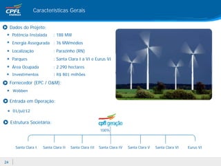 Características Gerais


     Dados do Projeto:
      Potência Instalada     : 188 MW
      Energia Assegurada : 76 MWmédios
      Localização            : Parazinho (RN)
      Parques                : Santa Clara I a VI e Eurus VI
      Área Ocupada           : 2.290 hectares
      Investimentos          : R$ 801 milhões

     Fornecedor (EPC / O&M):
      Wobben

     Entrada em Operação:

      01/jul/12


     Estrutura Societária:
                                                          100%



       Santa Clara I   Santa Clara II   Santa Clara III   Santa Clara IV   Santa Clara V   Santa Clara VI   Eurus VI



24
 