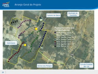 Arranjo Geral do Projeto


                                                                        Município de
                                             Canteiro de Obras           Parazinho




                                                       Posicionamento dos
                                                       Aerogeradores:
                                                         EOL     Santa Clara   I
                                                         EOL     Santa Clara   II
                                                         EOL     Santa Clara   III
                                                         EOL     Santa Clara   IV
                                                         EOL     Santa Clara   V
     Subestação
                                                         EOL     Santa Clara   VI
                                                         EOL     Eurus VI




                                                                                       Estrada Estadual
                                  Acesso aos Parques                                        RN 120


26
 