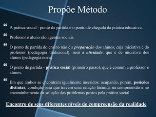  
Propõe Método 
A prática social - ponto de partida e o ponto de chegada da prática educativa. 
 
Professor e aluno são agentes sociais. 
 
O ponto de partida do ensino não é a preparação dos alunos, cuja iniciativa é do 
professor (pedagogia tradicional), nem a atividade, que é de iniciativa dos 
alunos (pedagogia nova). 
 
O ponto de partida - prática social (primeiro passo), que é comum a professor e 
alunos. 
 
Em que ambos se encontram igualmente inseridos, ocupando, porém, posições 
distintas, condição para que travem uma relação fecunda na compreensão e no 
encaminhamento da solução dos problemas postos pela prática social. 
Encontro de seus diferentes níveis de compreensão da realidade 
 