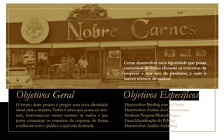 Como desenvolver uma identidade que possa
comunicar de forma eficiente os conceitos da
empresa e seu mix de produtos, e com o
menor número de ruídos?
O intuito deste projeto é propor uma nova identidade
visual para a empresa Nobre Carnes que possa ser atra-
ente, funcional,com menor numero de ruídos e que
possa comunicar os conceitos da empresa, de forma
condizente com o publico a qual está destinada.
Objetivos Geral
Desenvolver Briefing com o Cliente
Desenvolver Análise dos Concorrentes
Produzir Pesquisa Mercadológica
Fazer Identificação do Público
Desenvolver Análise Ambiental
Objetivos Específicos
 