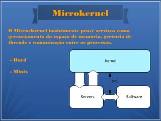 Microkernel
O Micro-Kernel basicamente provê serviços como
gerenciamento do espaço de memória, gerência de
threads e comunicação entre os processos.
- Hurd
- Minix
 