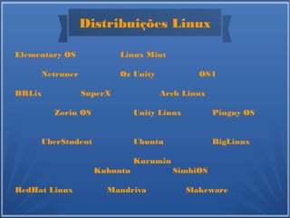 Distribuições Linux
Elementary OS Linux Mint
Netruner Oz Unity OS4
BRLix SuperX Arch Linux
Zorin OS Unity Linux Pinguy OS
UberStudent Ubuntu BigLinux
Kurumin
Kubuntu SimbiOS
RedHat Linux Mandriva Slakeware
 