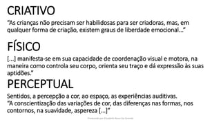 Produzido por Elizabeth Rossi De Grande
CRIATIVO
“As crianças não precisam ser habilidosas para ser criadoras, mas, em
qualquer forma de criação, existem graus de liberdade emocional...”
FÍSICO
[...] manifesta-se em sua capacidade de coordenação visual e motora, na
maneira como controla seu corpo, orienta seu traço e dá expressão às suas
aptidões.”
PERCEPTUAL
Sentidos, a percepção a cor, ao espaço, as experiências auditivas.
“A conscientização das variações de cor, das diferenças nas formas, nos
contornos, na suavidade, aspereza [...]”
 