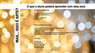 CONCEITOS (PENSAR)
-Cores e Mistura de cores
-Relações de tamanho
-Forma
-Linha e contorno
-Movimento
PROCEDIMENTOS (FAZER)
-Usar materiais diferentes para se expressar
-Organizar espaço de criação
-Elaborar ideias
-Dominar e direcionar os movimentos para atingir seu objetivo
-Movimentar-se com autonomia e liberdade
ATITUDES
-Paciência
-Persistência
-Foco e atenção
-Concentração
-Solidariedade
O que o aluno poderá aprender com esta aula
Produzido por Elizabeth Rossi De Grande
MAS...ISSOÉARTE?
 