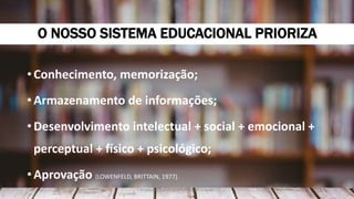 • Conhecimento, memorização;
• Armazenamento de informações;
• Desenvolvimento intelectual + social + emocional +
perceptual + físico + psicológico;
• Aprovação (LOWENFELD, BRITTAIN, 1977).
O NOSSO SISTEMA EDUCACIONAL PRIORIZA
Produzido por Elizabeth Rossi De Grande
 