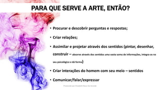 PARA QUE SERVE A ARTE, ENTÃO?
• Procurar e descobrir perguntas e respostas;
• Criar relações;
• Assimilar e projetar através dos sentidos (pintar, desenhar,
construir – absorve através dos sentidos uma vasta soma de informações, integra-as no
seu psicológico e dá forma)
• Criar interações do homem com seu meio – sentidos
• Comunicar/falar/expressar
Produzido por Elizabeth Rossi De Grande
 