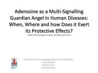 Adenosine as a Multi-Signalling
Guardian Angel in Human Diseases:
When, Where and how Does it Exert
its Protective Effects?
Trends in Pharmacological Sciences, June 2016, Vol 37, nº 6
Seminários em Farmacologia Bioquímica e Molecular
Carla Gardani
Silvana Russo
Valentina Cará
 