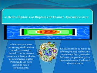 As Redes Digitais e as Rupturas no Ensinar, Aprender e viver Revolucionando os meios de informações que melhoram o rendimento físico, mental e financeiro; importante para o desenvolvimento  intelectual dos estudantes A internet vem nesse processo globalizando o mundo tecnológico, fazendo com as pessoas possam se interagir  dentro de um universo digital. Perfazendo um novo caminho para o conhecimento. 