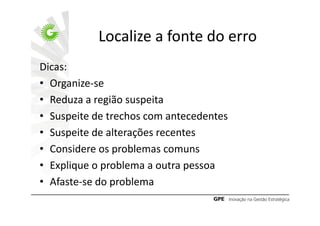 Localize a fonte do erro
Dicas:
• Organize-se
• Reduza a região suspeita
• Suspeite de trechos com antecedentes
• Suspeite de alterações recentes
• Considere os problemas comuns
• Explique o problema a outra pessoa
• Afaste-se do problema
 